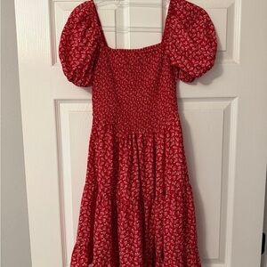 Red Floral Smocked Puff Sleeve Midi Dress Size S